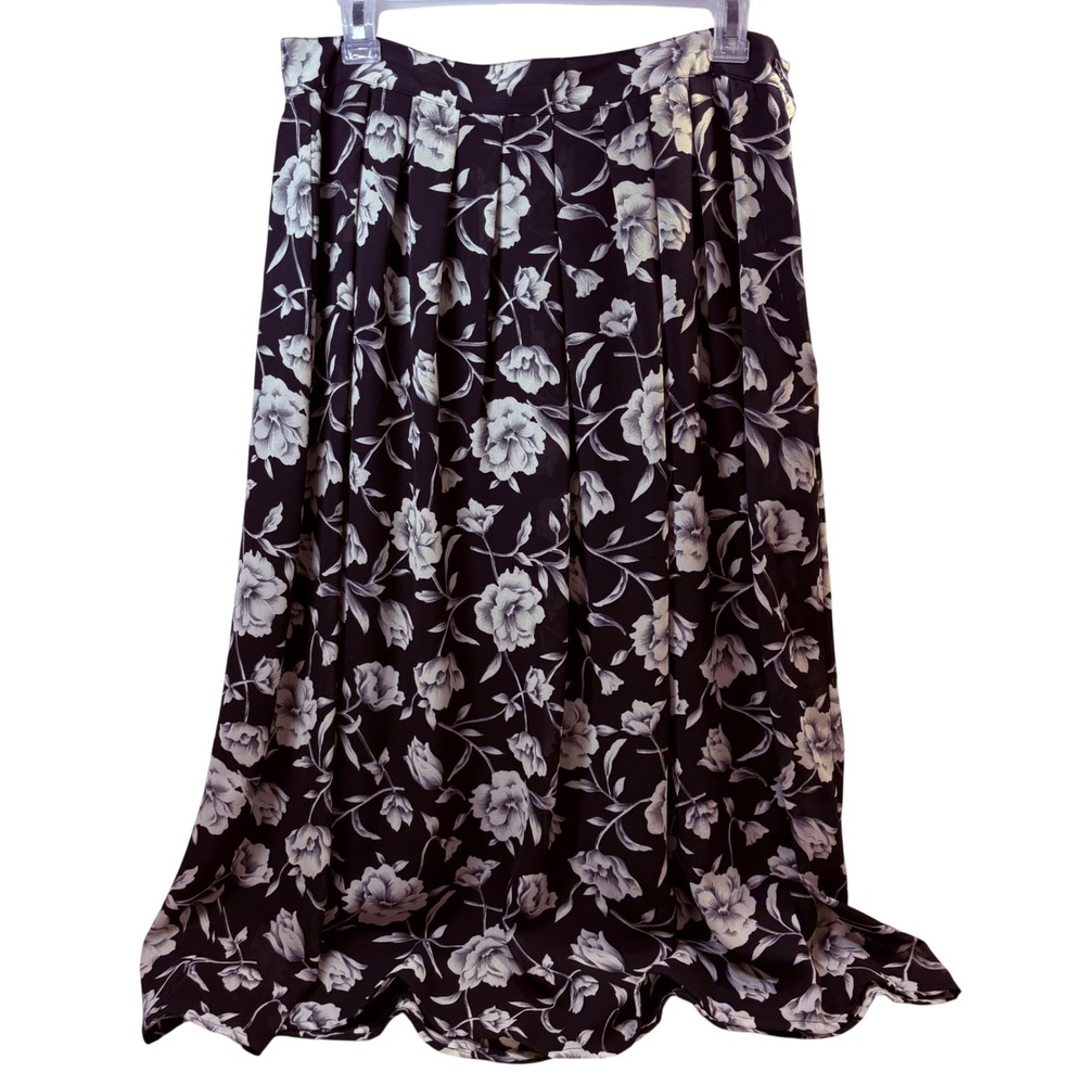 SK & Company Petite Vintage‎ Floral Midi Skirt Black White Pleated 10P 90s Style